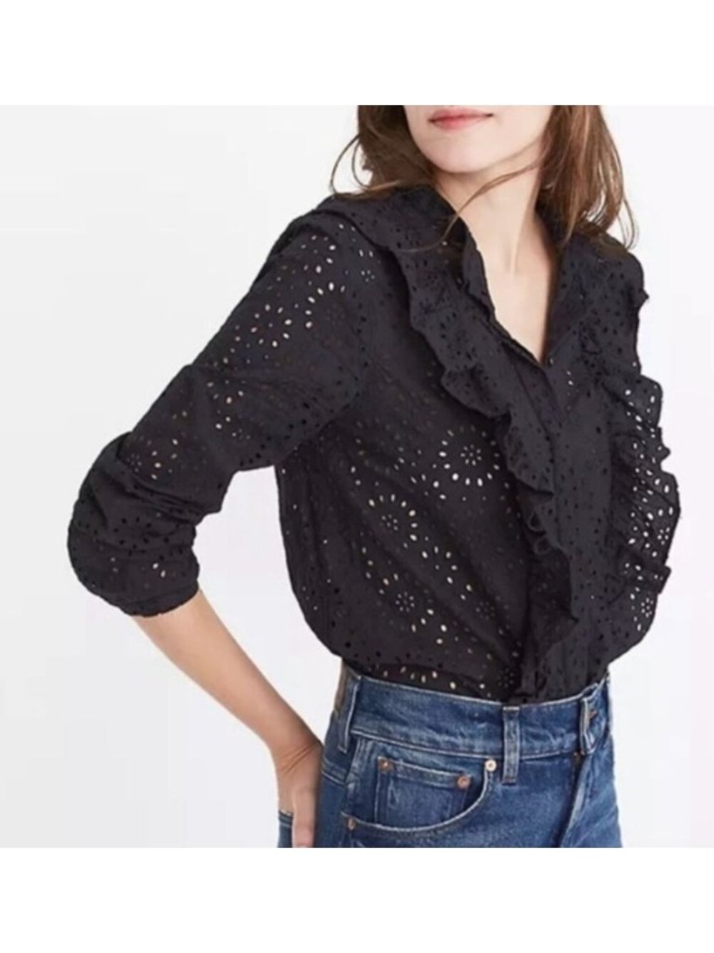 Madewell Black Eyelet Ruffled Blouse size XL Witchy Whimsigoth Dark Romantic